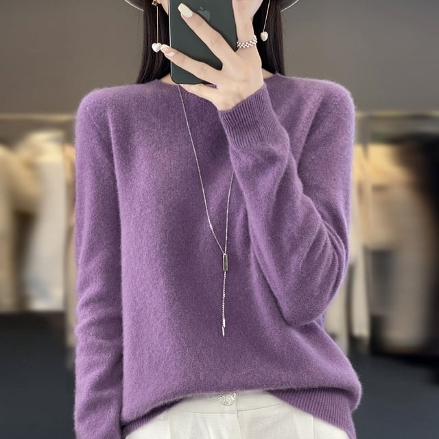 Suéter de otoño e invierno de primera línea listo para usar, suéter de cuello redondo, suéter de punto suelto para mujer, suéter de manga larga, top de color sólido
