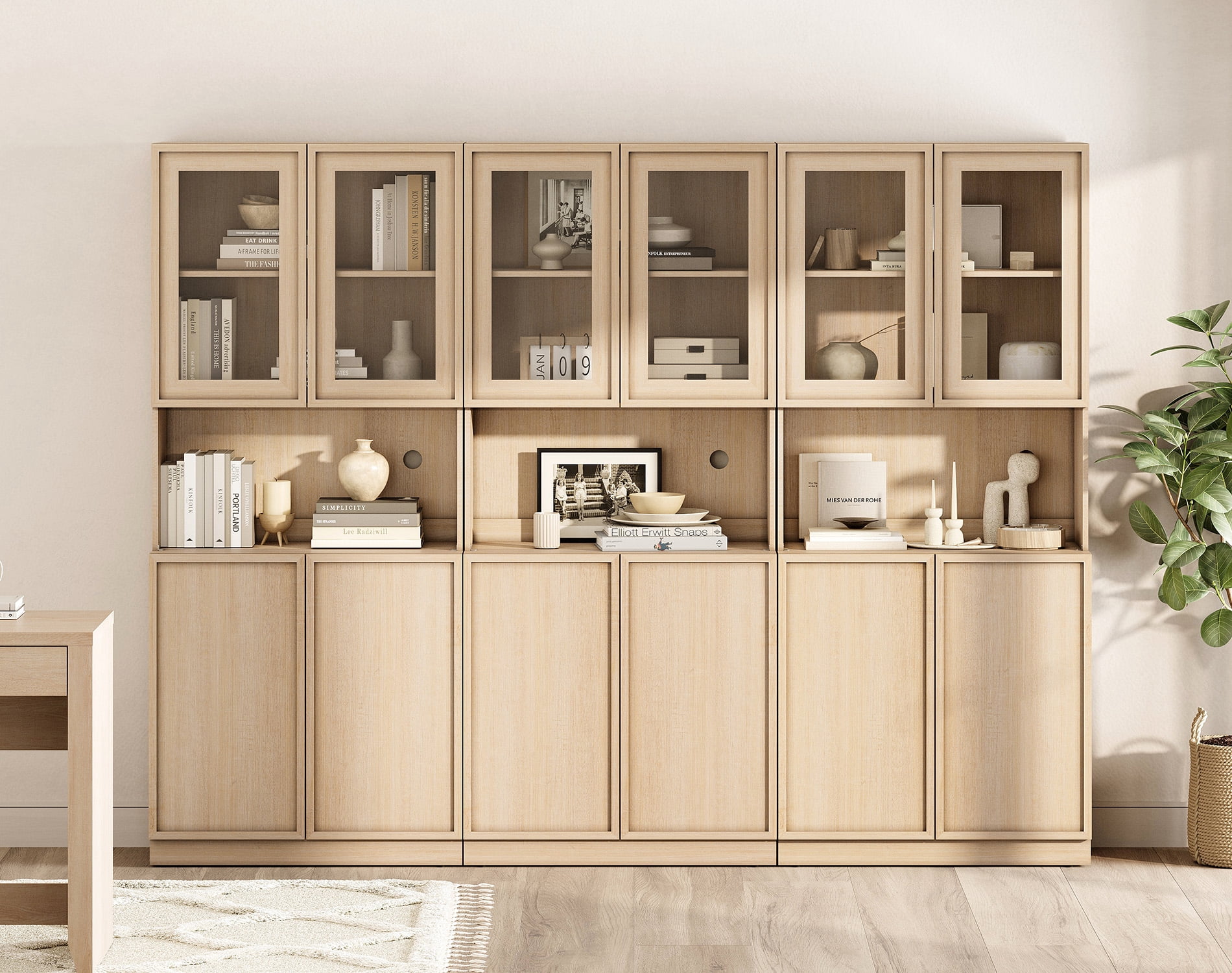 Modern 72" Tall Bookshelf with Glass Doors & Adjustable Shelves, Wood Bookcase with Closed Storage Cabinet,Beige