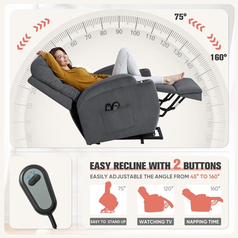 Homall Power Lift Massage Recliner Chair with Eight Vibrating Massages Ergonomic Chair with Side Pocket and Soft Corduroy for Living Room,Grey