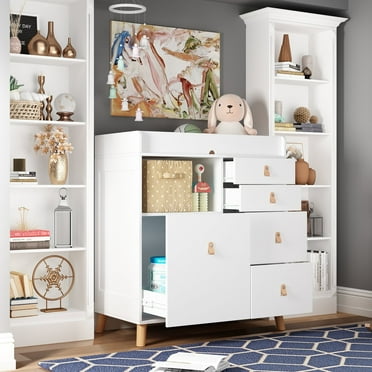 Timechee Baby Changing Table Dresser, 33.5" Baby Nursery Dresser with Drawers White