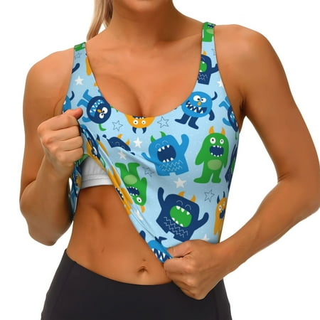 Qokaie Cartoon Monster Pattern Womens Scoop Neck Sports Bra Breathable Workout Vest Padded U Back Medium Impact Fitness Gym Yoga Bra Workout Crop Top