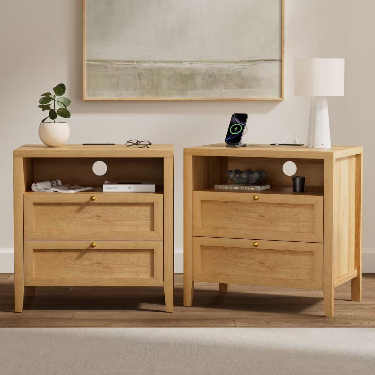 Joyyskill Farmhouse End Table with 2 Drawers, Wooden Nightstand with Open Storage Cable Hole Freestanding Wide Bedside Table for Bedroom Living Room Sofa, Natural Oak