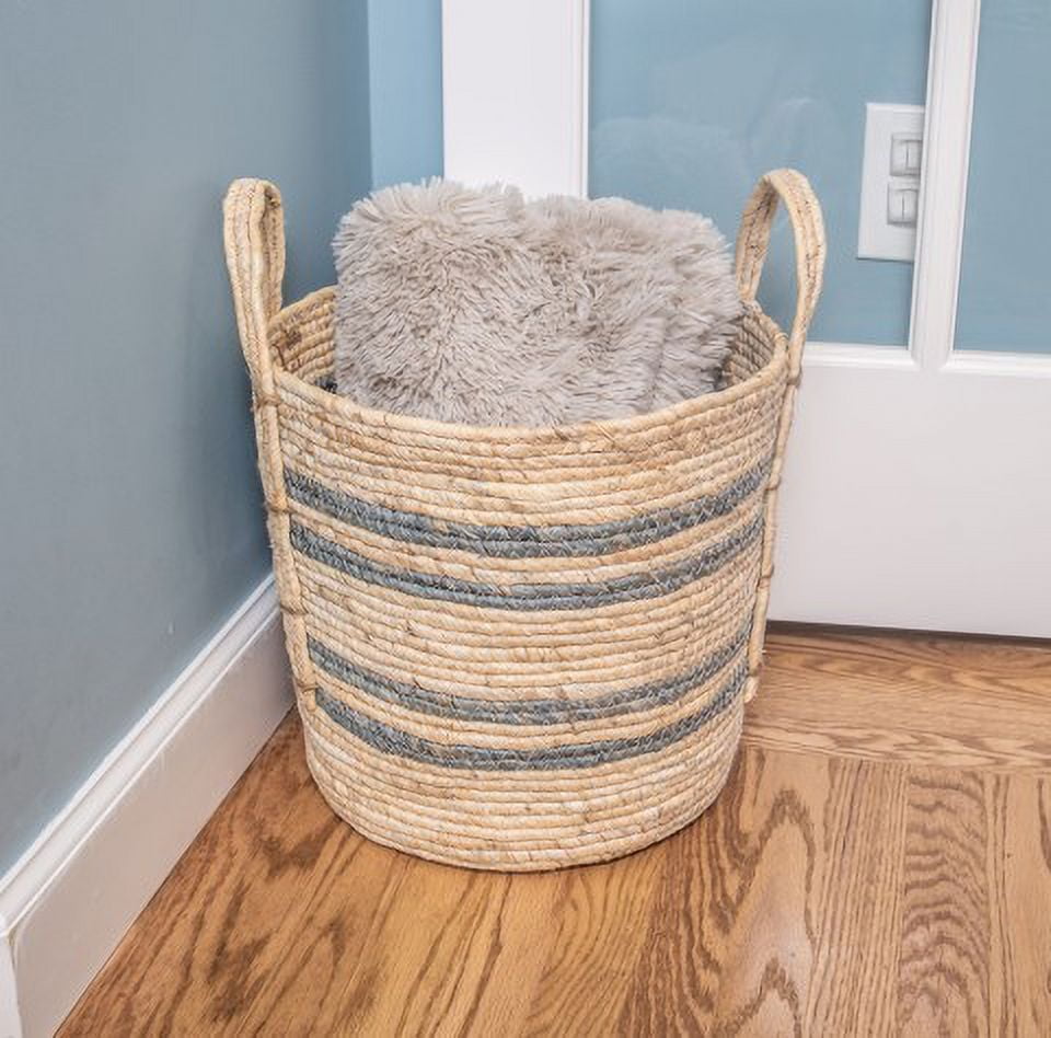 Better Homes & Gardens Large Natural Maize Colored Stripe Basket, Blue Gray