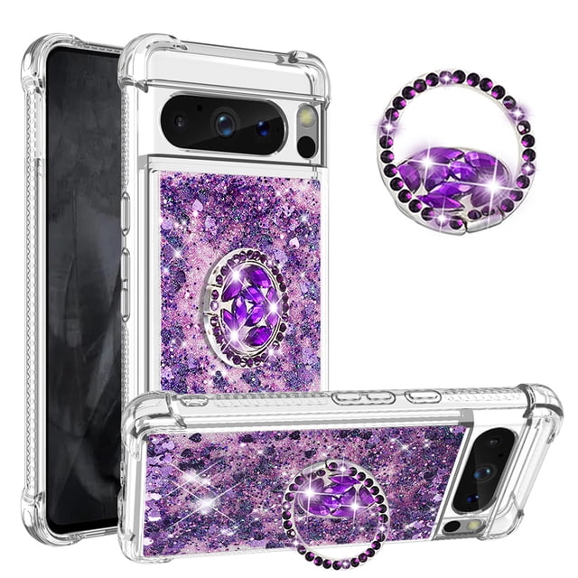 Funda para Google Pixel 8 Pro 5G con Brillo Líquido Flotante, Purpurina, Parachoques y Anillo Giratorio Soporte
