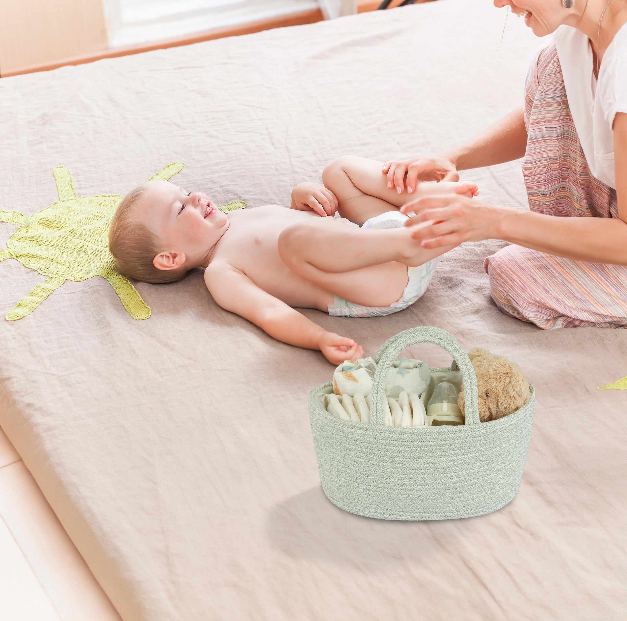 JUNBOLE Diaper Caddy Organizer Cotton Rope Baby Basket Nursery Storage and Portable Tote Bag for Car Ideal Baby Shower Gifts and Registry Must-Have for Newborn Essentials light green