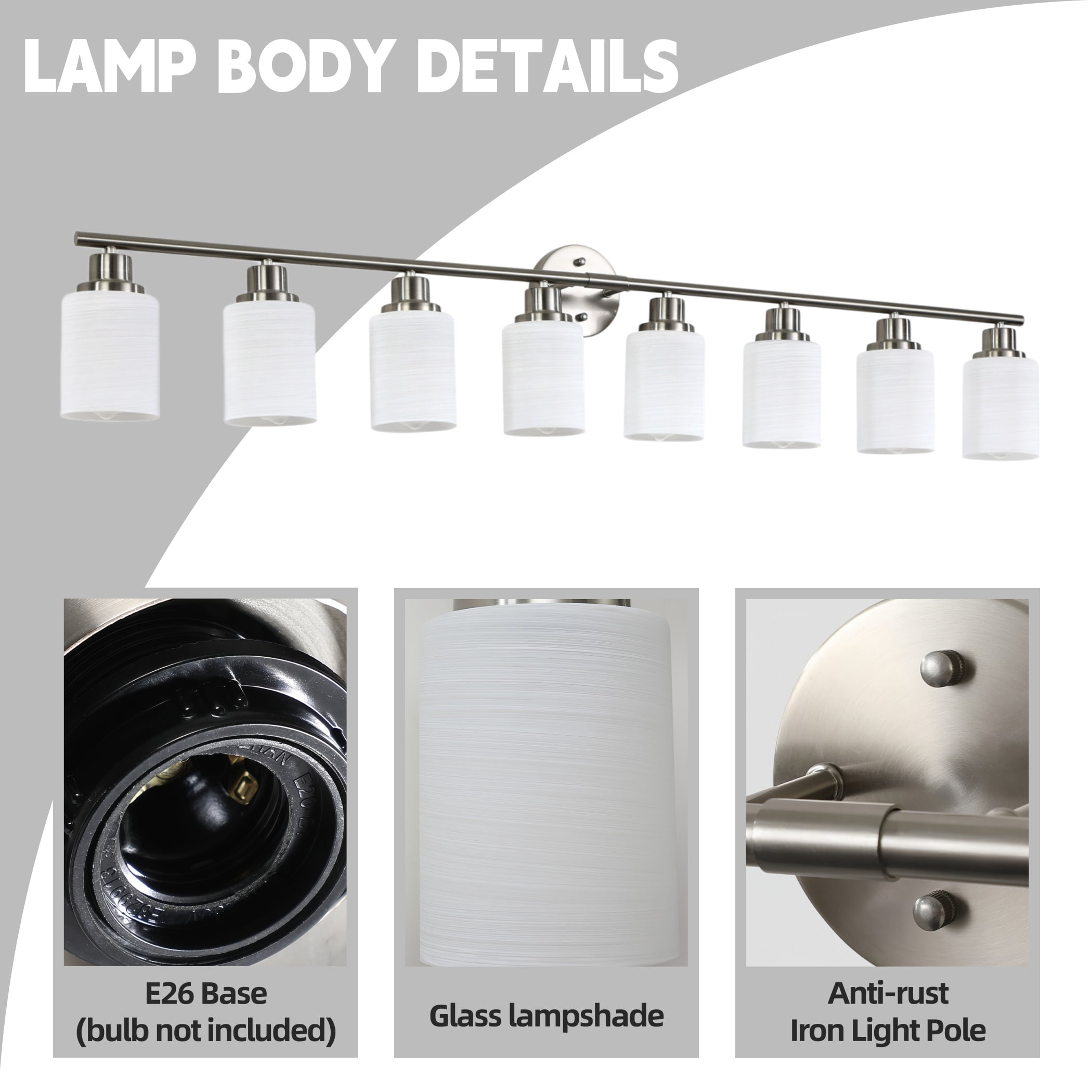 52" Modern 8-Light Bathroom Vanity Light Fixture, Brushed Nickel Wall Sconce with Frosted Glass Shades, Hardwired Lighting for Vanity Mirror, Hallway, Powder Room (Bulbs Not Included)