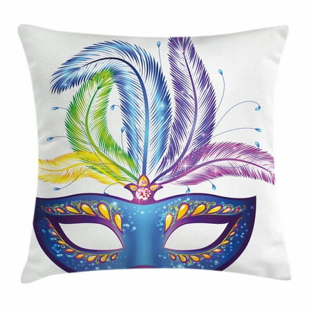 Venetian Feather - Mardi Gras Throw Pillow Cushion Cover, Blue Ornate Venetian Festival Mask with Feathers Masquerade Parade Preparations, Decorative Square Accent Pillow Case, 18 X 18 Inches, Multicolor, by Ambesonne