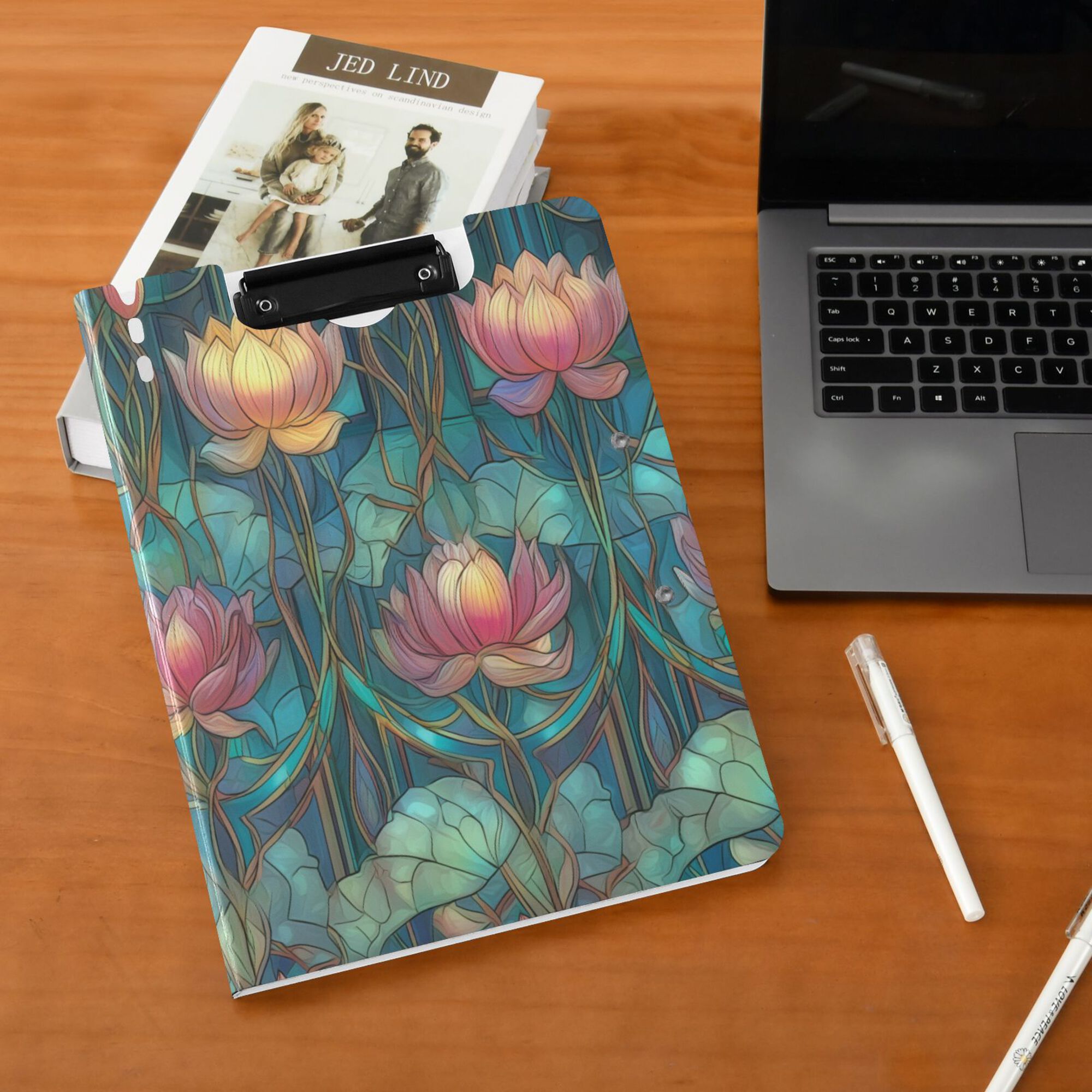 FORMRS A4 Clipboard Folder with Pen Holder Horizontal Foldable School Office Binder, Art Water Lilies Pattern
