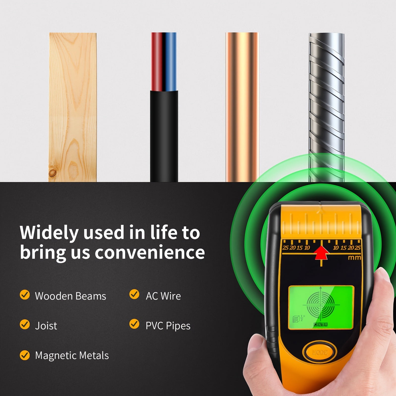 Stud Finder Wall Scanner, 5 in 1 Stud Detector with Magnet Physical Nail Finding Function Wall Detector for Wood Metal and AC Wire Detection LCD Display and Audio Alarm