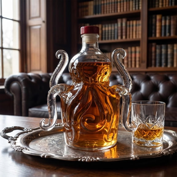 Cute Octopus Decanter Glass, 4.7 in, Hand Blown Clear Whiskey Bottle with Stopper, Unique Shape Liquor Carafe for Home Bar, Transparent