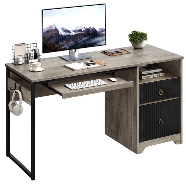 Bestier Bureau de 55 Pouces pour Bureau avec Tiroirs, Plateau pour Clavier, 2 Crochets, Bureau d'Ordinateur Moderne à Cannelures pour la Maison, Gris