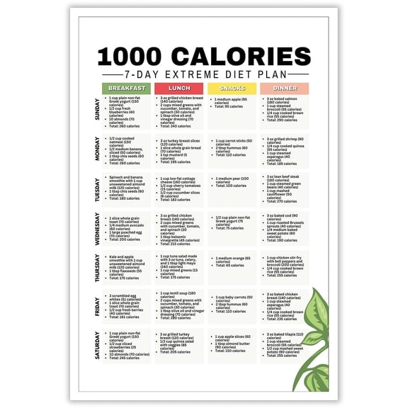 1000 Calories Extreme Diet Plan Dietitian Low Calorie Diet Planner For Losing Weight Meal Prep 7-Day Healthy Recipes Meal Plan Canvas Painting Wall Art Poster For Kitchen Decor