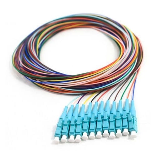 COMZON 12 Strand Fiber Pigtail, Multimode OM4, LC/PC Connectors, 9.8 Feet (3 Meter), Aqua Boot, Color-Coded, Low Insertion Loss