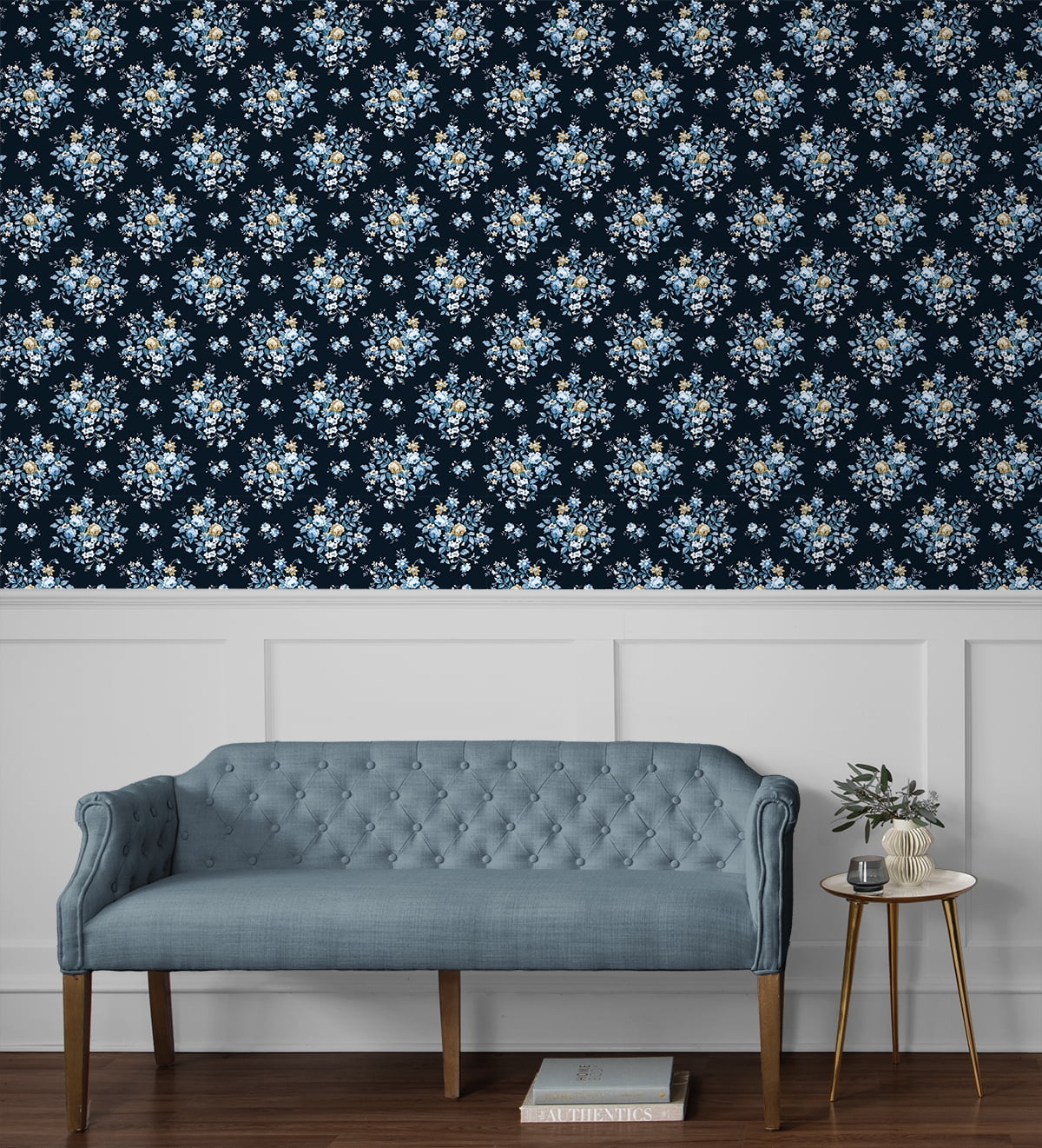 NextWall  Floral Bunches Peel and Stick Wallpaper 20.5 in. W x 18 ft. L - Midnight Blue & Toffee