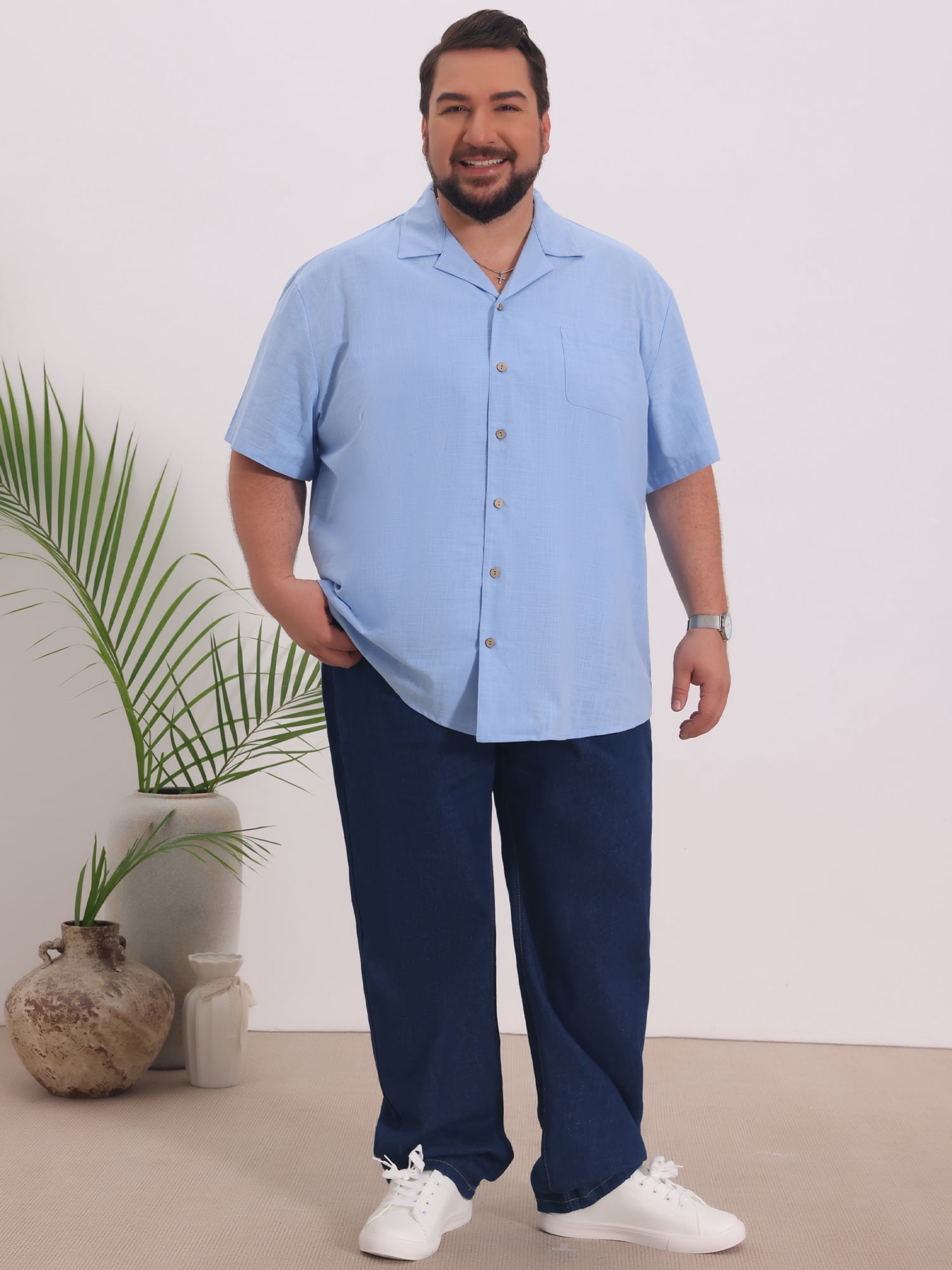 DARING DIVA Men's Big & Tall Summer Beach Camp Collar Short Sleeve Shirt 6XL Light Blue