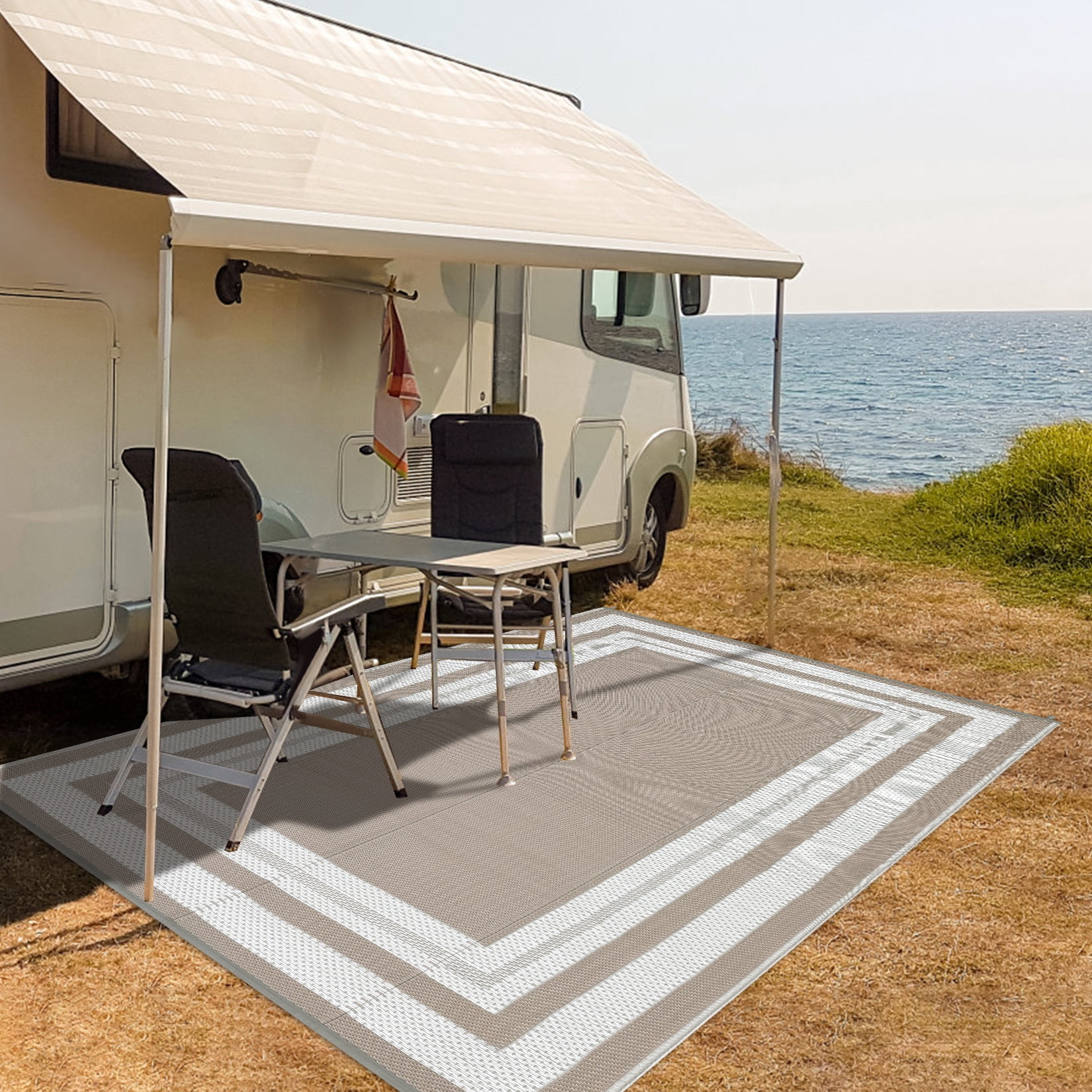 GlowSol 9'x12' Outdoor Rug Plastic Patio Rug Plastic Straw Waterproof Rug Modern Bordered Reversible Camper Rug for RV Backyard Deck Picnic Beach, Gray Coffee