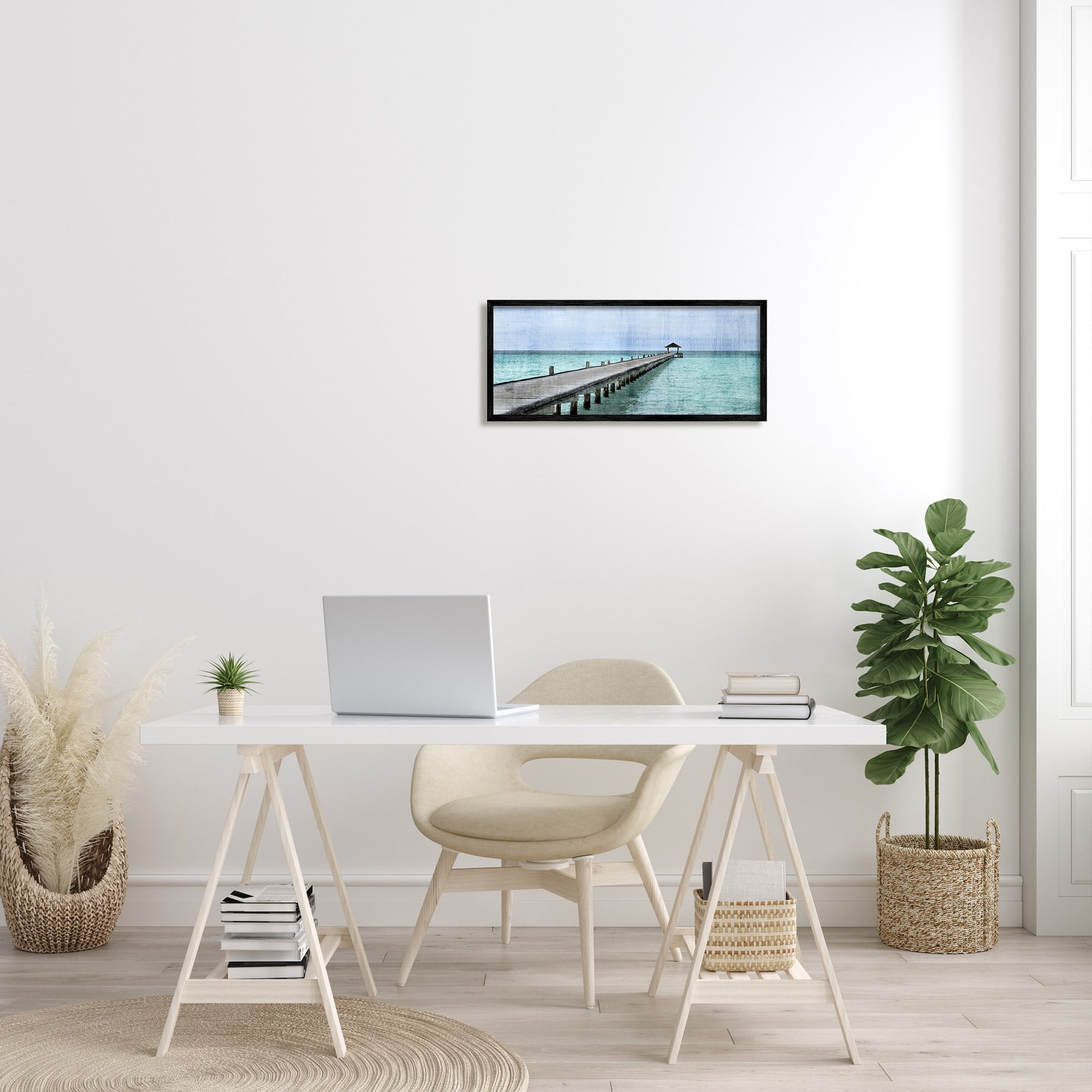 Stupell Industries Long Wharf Beach Paradise Distressed Ocean Waters Landscape Photography Gray Framed Art Print Wall Art, 13 x 30
