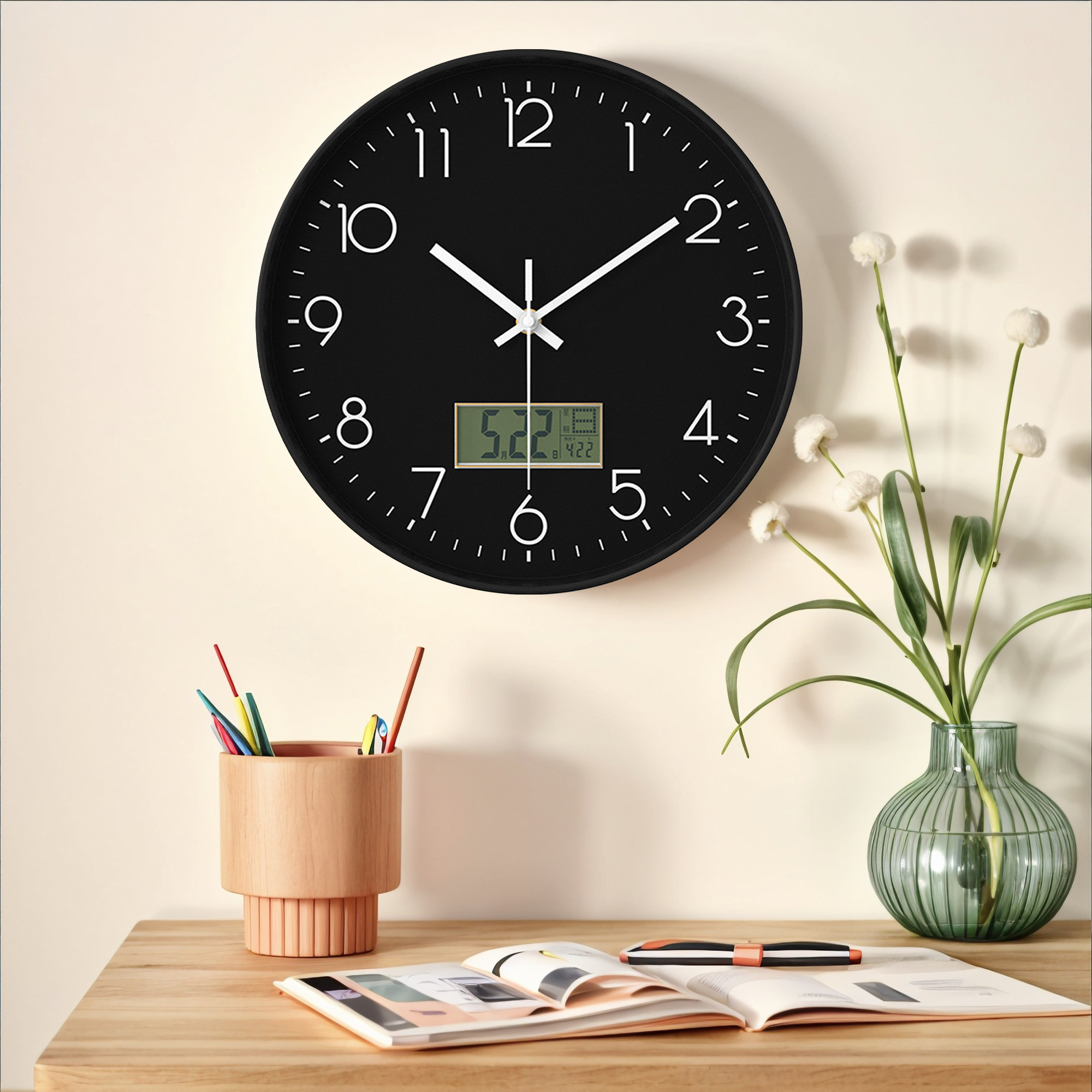 Unique Bargains Silent Non Ticking Wall Clock with Date and Temperature Black