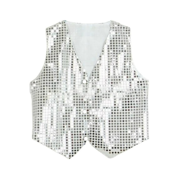 rygai Costume Vest Glitter Unisex Colorful Kids Sleeveless Sequin Vest for Party,White,M