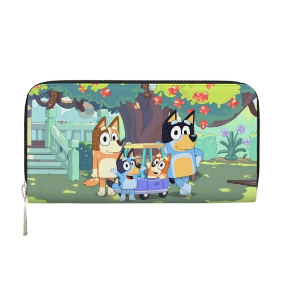 Kowoue Bluey Pattern Genuine Leather Long Wallet Card holder Wallet with Coin Pocket Wristlet Clutch Wallet Purse