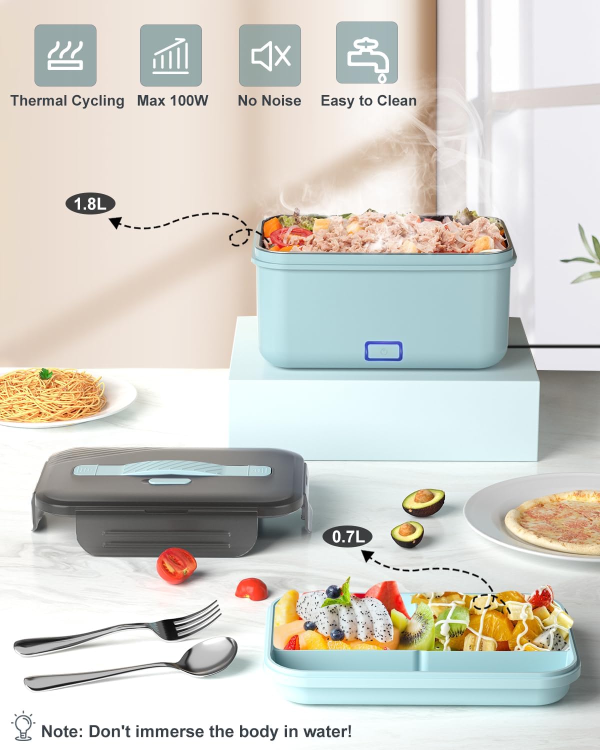 Monteka Electric Lunch Box Food Heater, New 100W High Power Portable Food Warmer, Heated Lunch Box for Adults Car/Home with 1.8L Removable Stainless Steel Container, 12V/24V/110V/220V