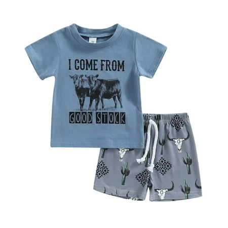 

ZRBYWB Toddler Boy Clothes Summer Short Sleeve Cow Letter Print Tops Shorts 2PCS Outfits Clothes Set For Babys Clothes