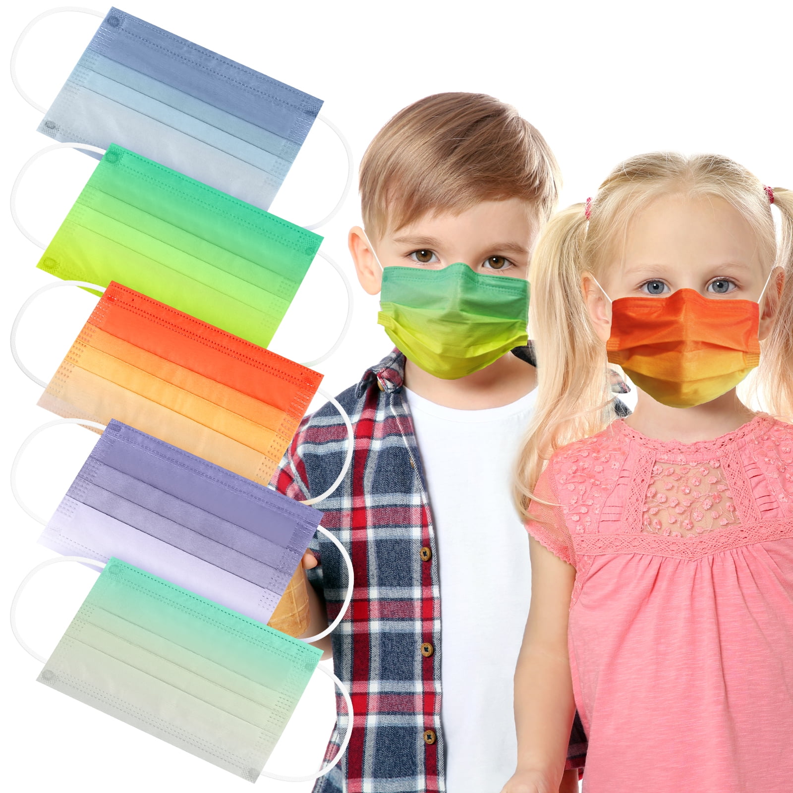 Kids Disposable Face Masks Colorful Colored 3Ply Ombre Color Designs Children with Nose Clip Earloop Boys Girls 4-12 Years Old 50 Pcs