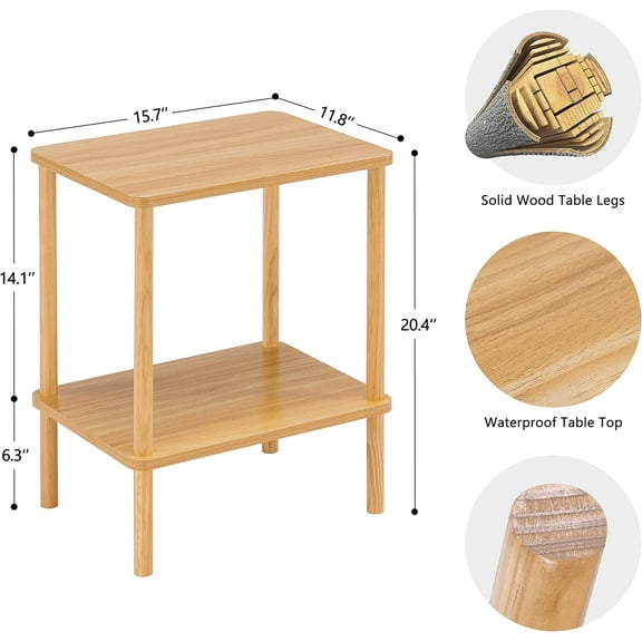 2 Tier End Table with Storage Shelf, Small Side Table with Solid Wood Legs, Boho Nightstand for Bedroom, Living Room, Farmhouse, Easy Assembly