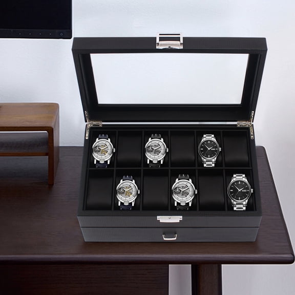 24-Slot Lockable Watch Display Case, Large Jewelry Organizer Box for Men, Black
