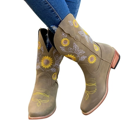 

fvwitlyh Ankle Boots for Women Fashion Boots for Women Heel Toe Boots Round Women s Short Plus Thick Embroidered Heel Boots Womens Flat Boots 8 Wide