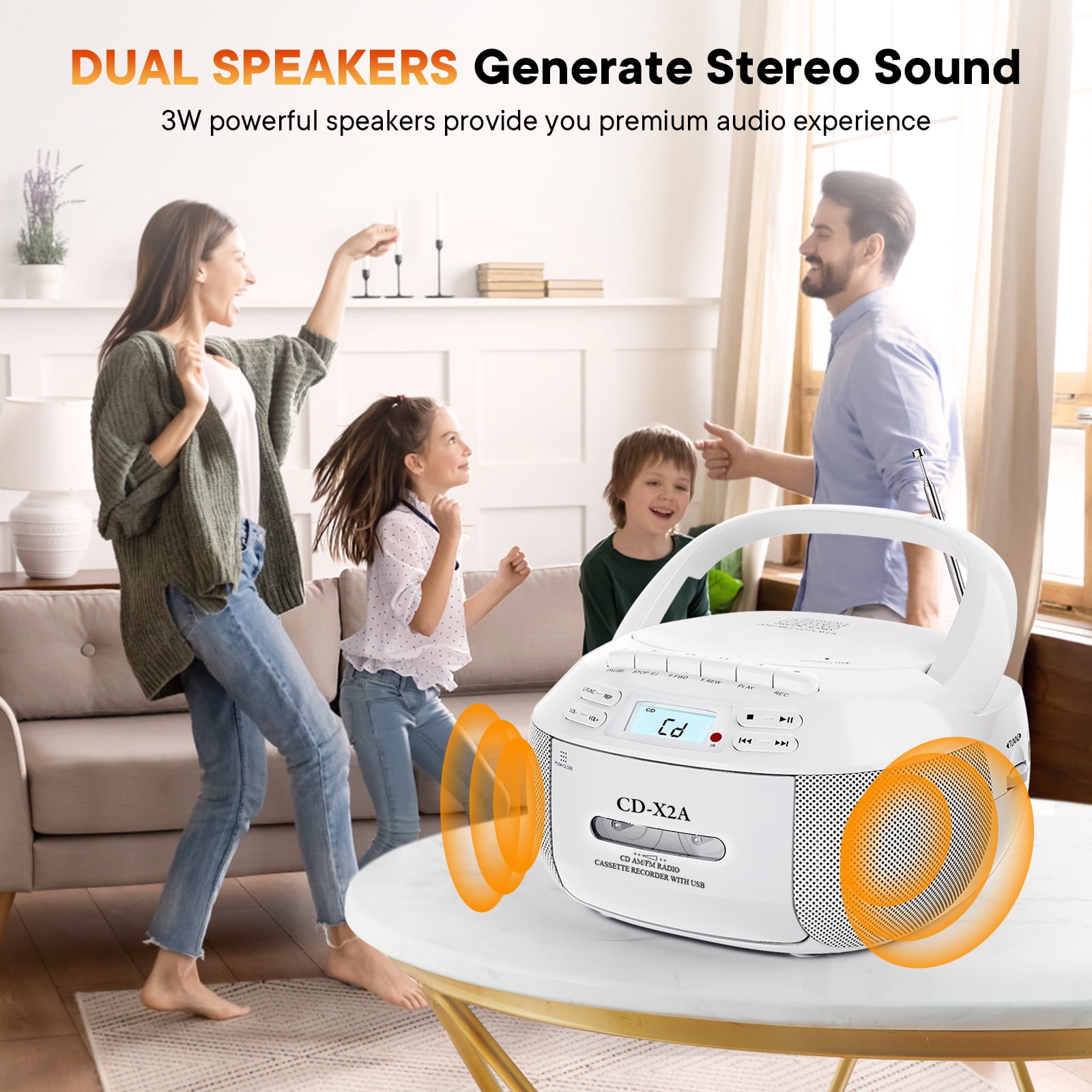 CD Player Boombox Cassette Player Combo with Bluetooth,AM/FM Radio,Stereo Sound with Remote Control,AUX/USB Drive,Tape Recording,AC/DC Powered,Headphone Jack,LCD Display for Home,Kids,Gift