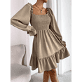thumbnail image 3 of Femmes Volants Manches Longues Mini Robe Cou Carré Flowy une Ligne Robes Courtes (Khaki Taille Unique), 3 of 4