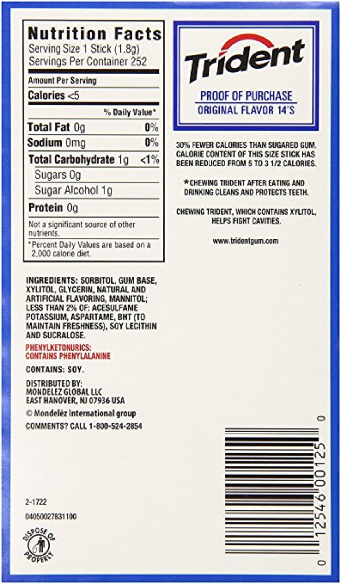Trident Original Flavor Sugar-Free Gum (14 pc./pk., 15 pk.)