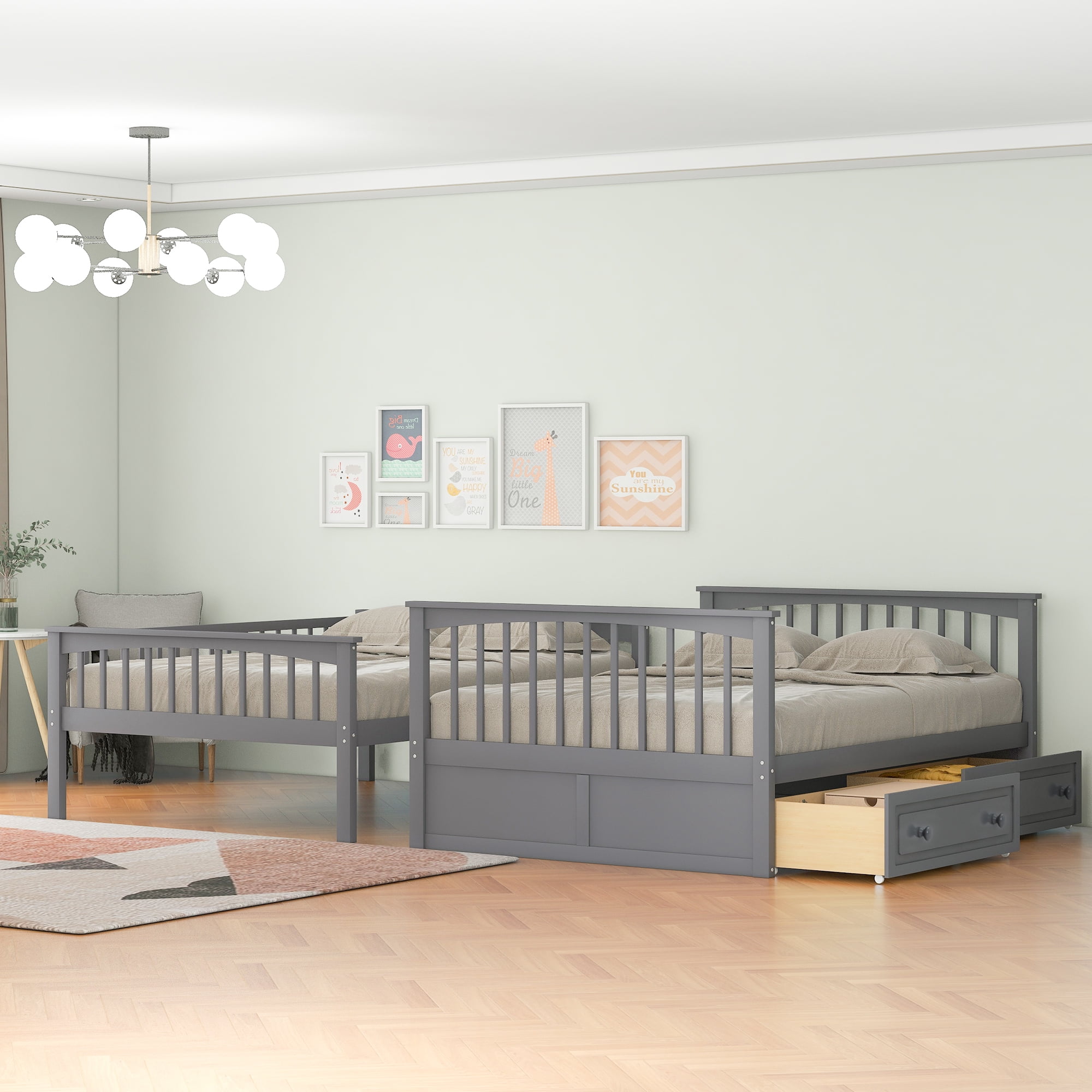 Euroco Pine Wood Bunk Bed With Storage, Full-Over-Full for Kids Teens, Grey