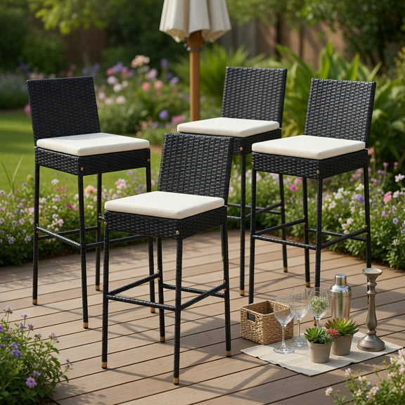 Topcobe Patio Wicker Barstools with Footrest and Backrest Set of 4, Outdoor Patio Furniture Set, Easy to Assemble, Black