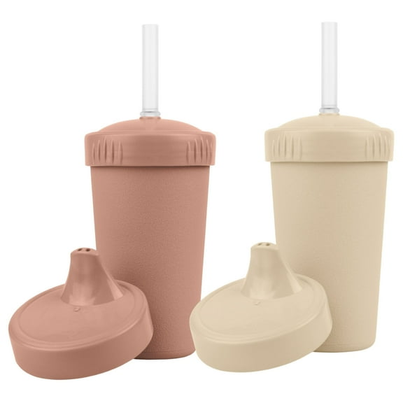 Re-Play Grow With Me 10-oz Cups 2-Pack - USA Made Recycled Plastic Base, No-Spill Sippy Lid & Straw, BPA-Free - Desert, Sand