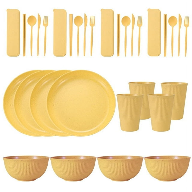 Nvzi Wheat Straw Dinnerware Sets, 32-Piece Plates and Bowls Sets, Cutlery, Microwave Safe Unbreakable Dinnerware for Parties, Picnic, College Dorm, Camping Yellow