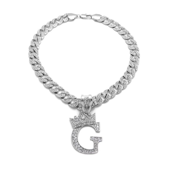 iJewelry2 Kings and Queens Crowned Initial Letter G Crystals Pendant Silver-tone Cuban Linked Chain Necklace