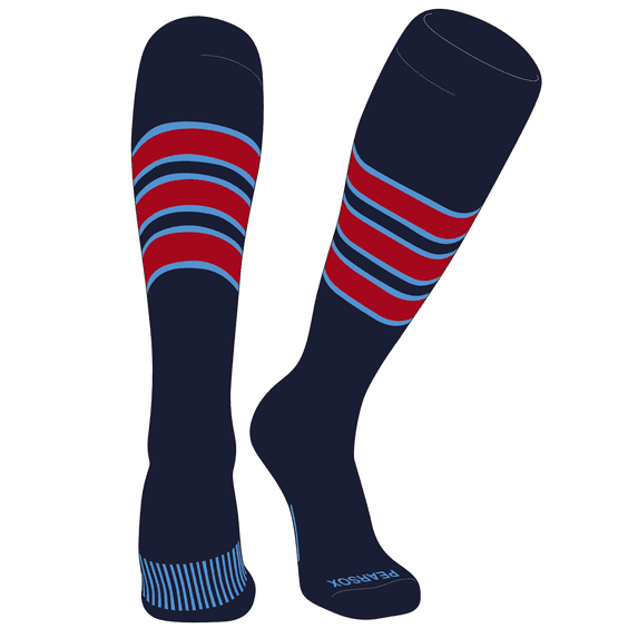 PEAR SOX Striped OTC Baseball, Softball, Football Socks (C) Dk Navy, Sky Blue, Red (S)