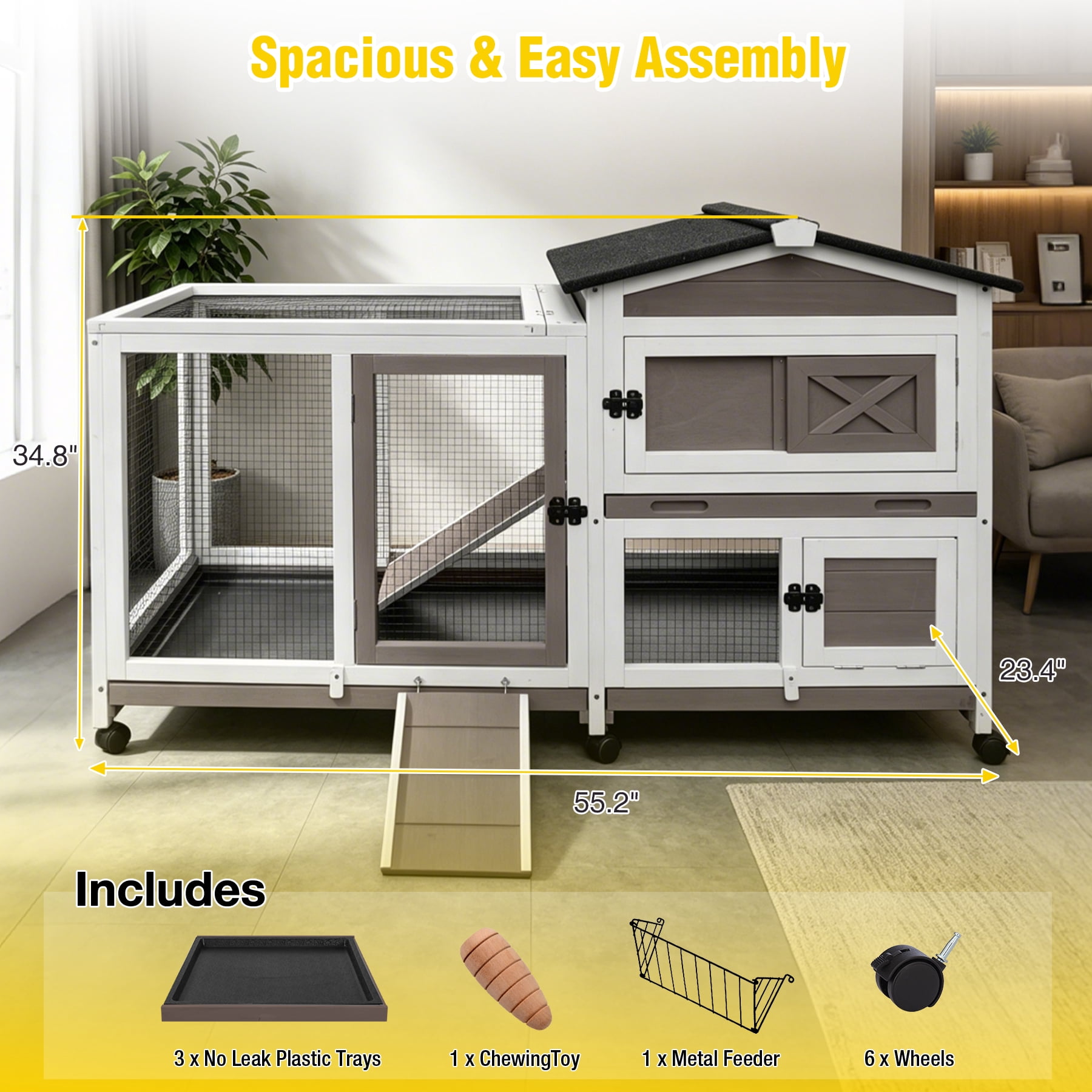 Aivituvin Rabbit Hutch Bunny Cage Outdoor & Indoor with Wheels, Two Layer Guinea Pig House with Pull Out Tray, Chew-Proof Ramp, Waterproof Roof