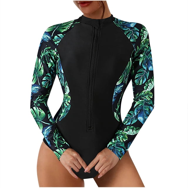 Trajes de Baño para las Mujeres Imprimir Manga Larga Protector Solar Surf Cremallera Traje de Baño, Retro una Pieza para la Playa