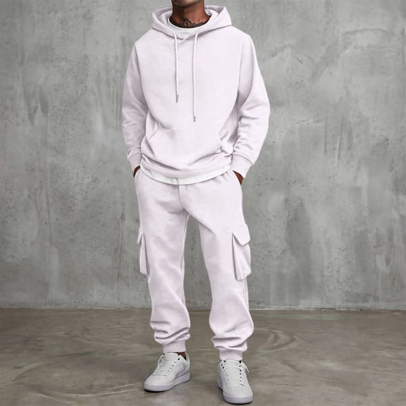 Domuza Sweatsuits for Men 2 Piece Set Cargo Sweatpants and Drawstring Hoodie Sets Work Out Casual Athletic Tracksuits Jogging Suit White XL