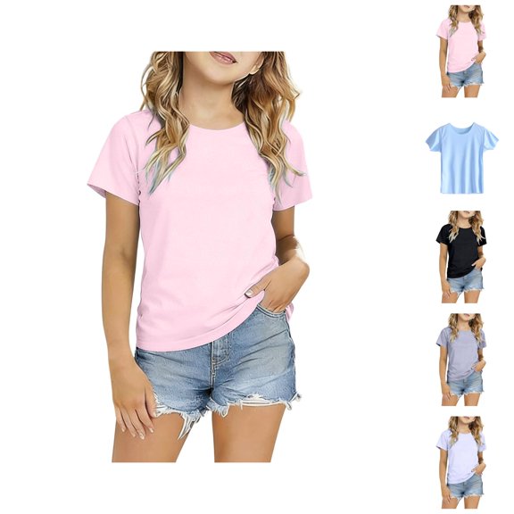 Girls T Shirt Short Sleeve Crew Neck Plain Ice Silk Basic Casual Summer Tees Fashion Clothing (2-12Y)