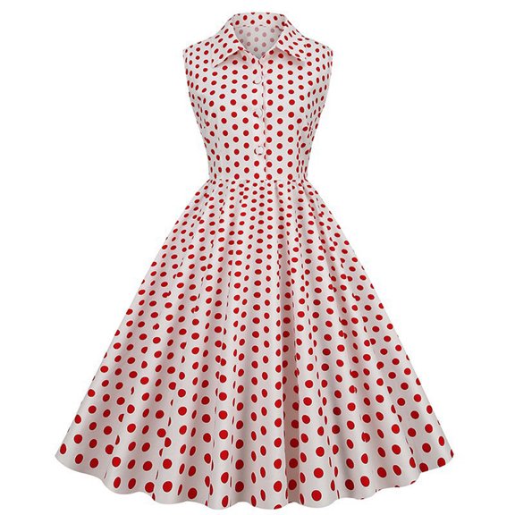 XFLWAM Women 50s 60s Vintage Dress Sleeveless Lapel Cocktail A Line Swing Dress 1950s Polka Dot Audrey Rockabilly Prom Party Dresses Hot Pink XL