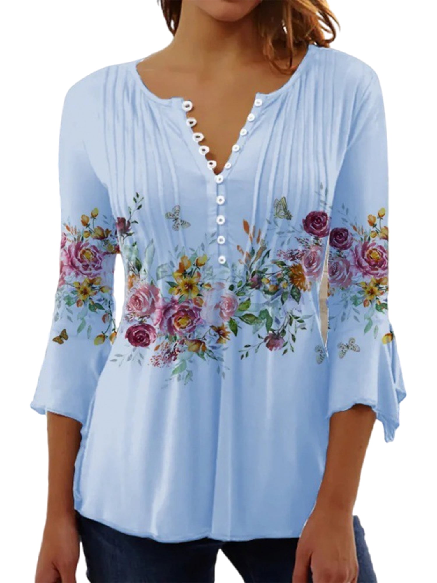 Women Button Up Blouses for Women Floral Print Shirts 3/4 Sleeve V Neck ...