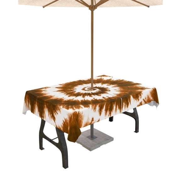 Hokiten Outdoor Tablecloths with Umbrella Hole & Zipper, Brown Ombre Rectangle Tablecloth 52x70 Inch, Country Vintage Ethnic Tribal Tie Dye Waterproof Table Cloth, Patio/Pool/Picnic Table Covers