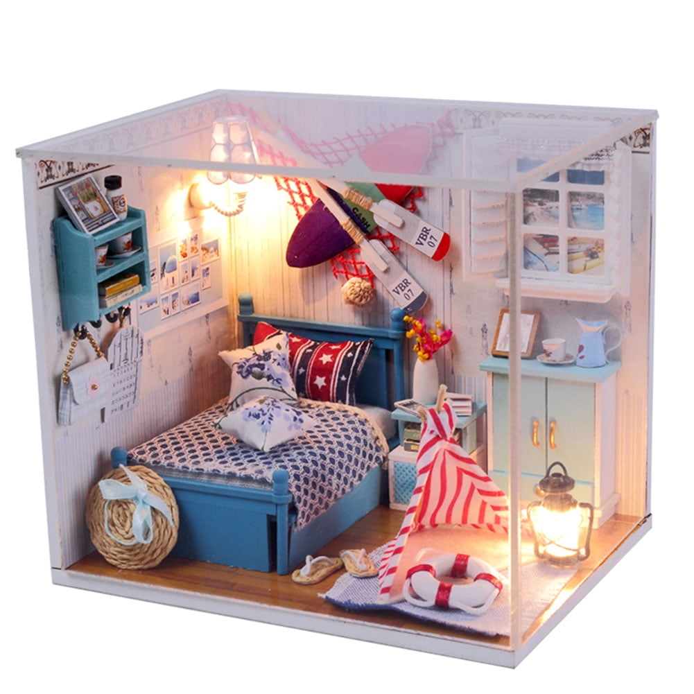 Kits DIY Wood Dollhouse Miniature with LED+Furniture+Cover Doll House Room Gift 