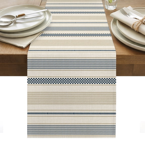Vintage Striped Table Runner, Navy Blue Brown Vertical Ticking Stripes French Country Washable Kitchen Table Runners for Dining Table Decorations Party/Restaurant/Indoor Outdoor Use, 13x48in