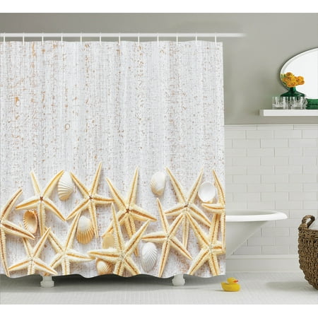 Seashells Decor Shower Curtain Set Sea Shells On Timber Pattern