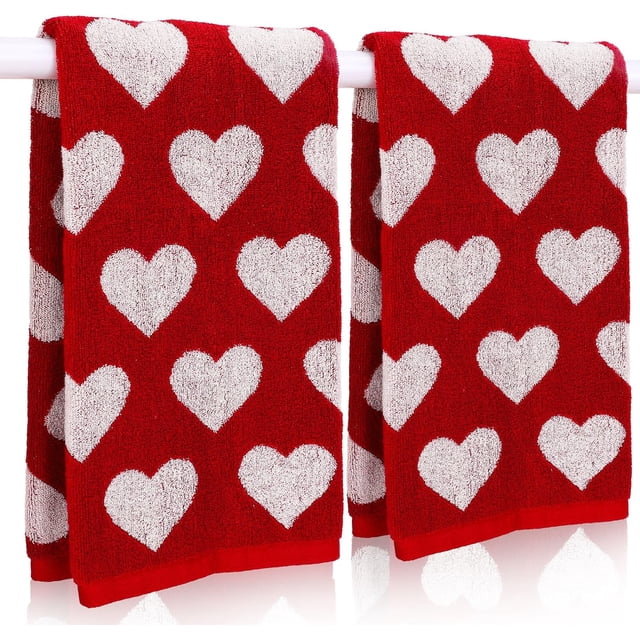 2 toallas de mano para el día de San Valentín, de algodón, con corazones rojos, blancos, toallas de baño decorativas y absorbentes para secar la limpieza, cocinar, 29.5 x 13.4 pulgadas